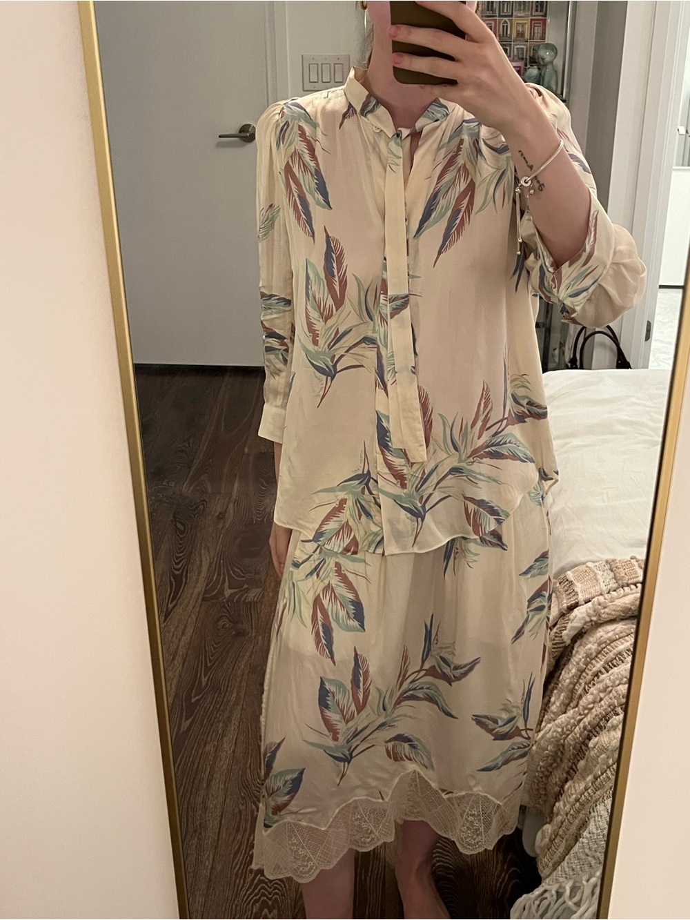 Zadig & Voltaire Cream Floral Blouse and Skirt Silky Set